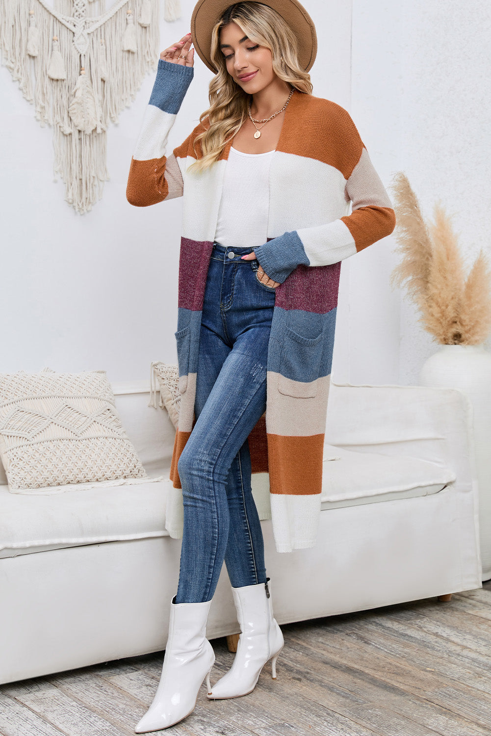 Long Color Block Cardigan - Open Front with Pockets