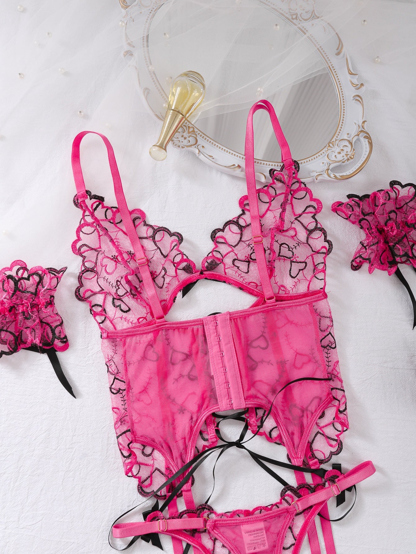 Love Embroidered Garter Set - 3PC Lace-Up Lingerie