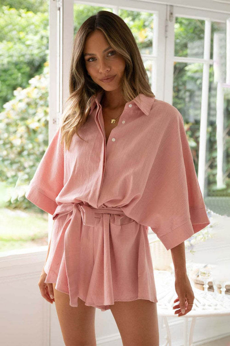 Tied Button Up Collared Neck Romper - Fashions Envy