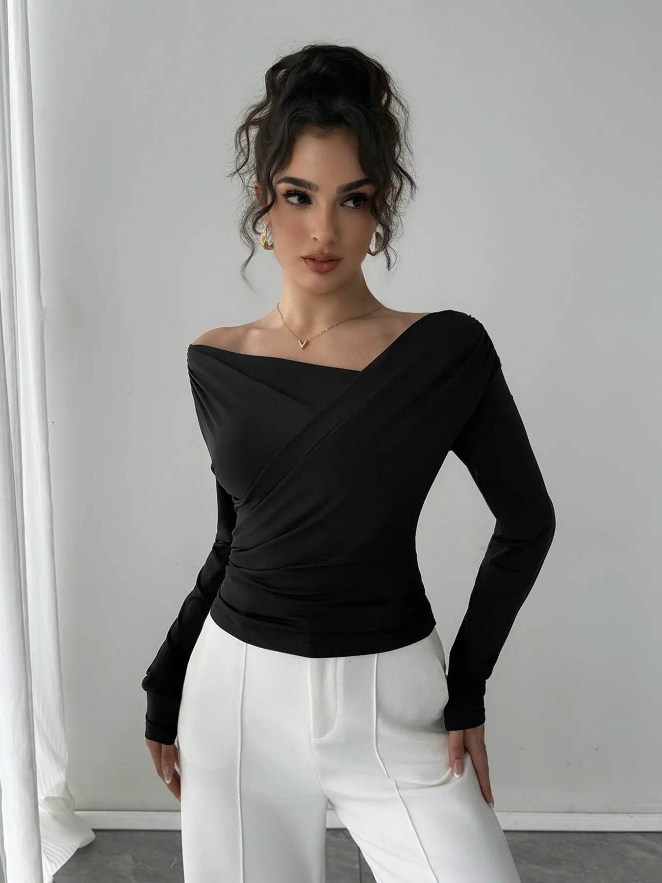 Asymmetrical Long Sleeve Blouse - Ruched Detail Top - Fashions Envy