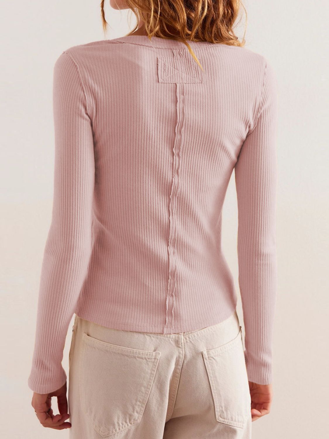 Ribbed Button-up Round Neck Long Sleeve Top