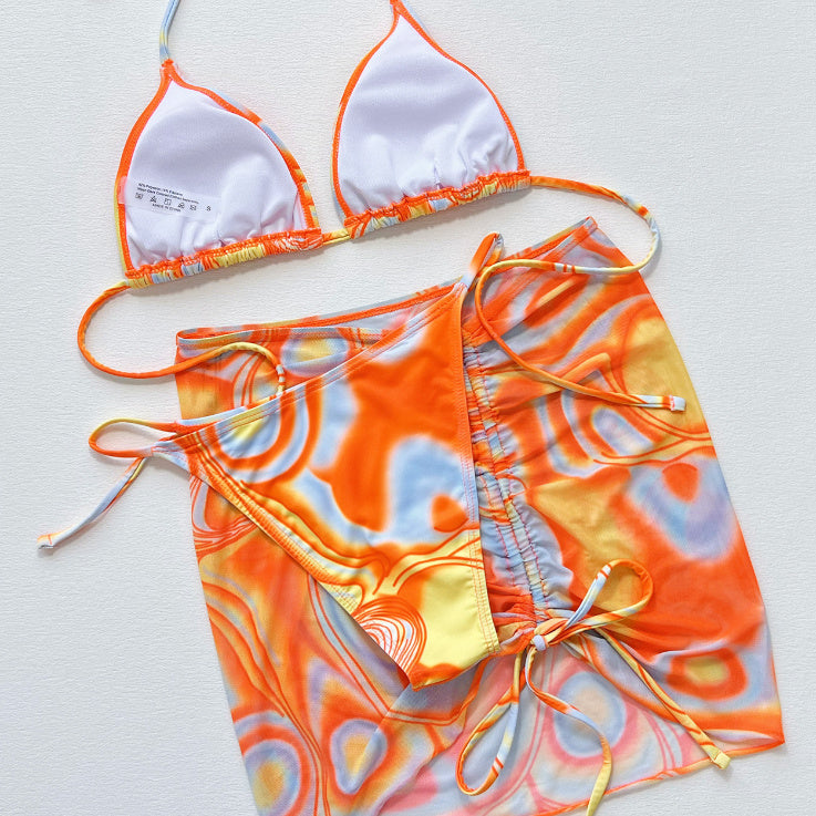 Women's Orange Fission Three-piece Bikini Swimsuit with Mini Skirt Cover Up