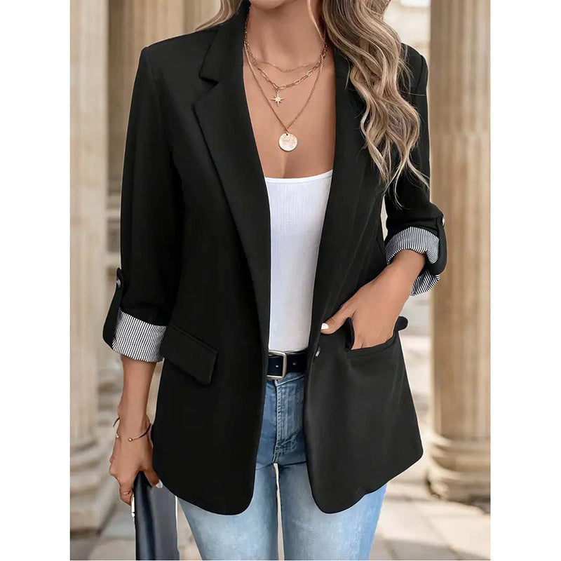 Open Front Blazer - Rolled Sleeve Office Jacket