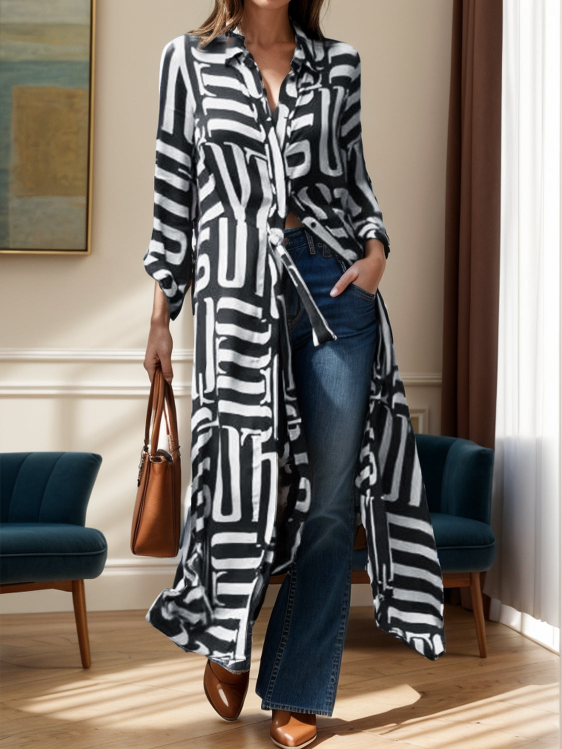 Contrast Collared Neck Long Sleeve Longline Shirt - Fashions Envy