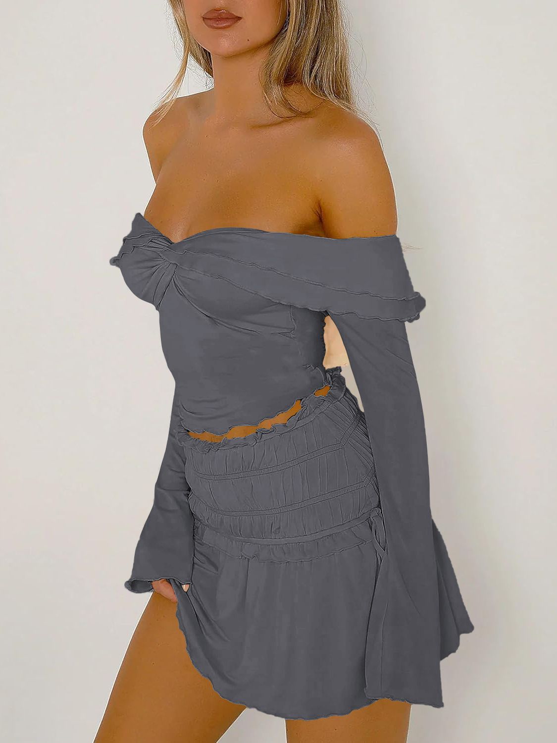 Devine Twisted Ruffled Off-Shoulder Long Sleeve T-Shirt - Fashions Envy