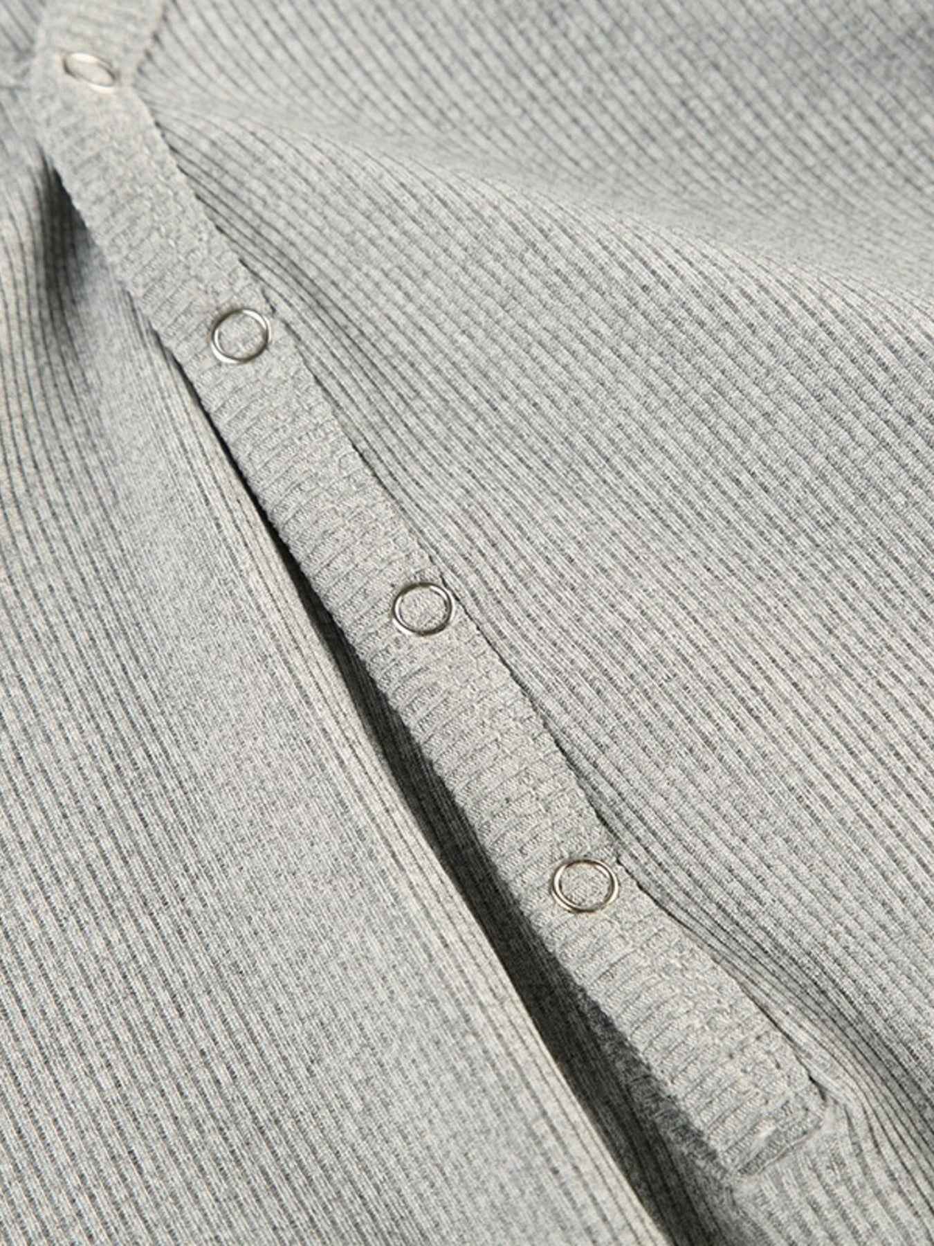 Deep V-Neck Ribbed Romper - Long Sleeve Button Front