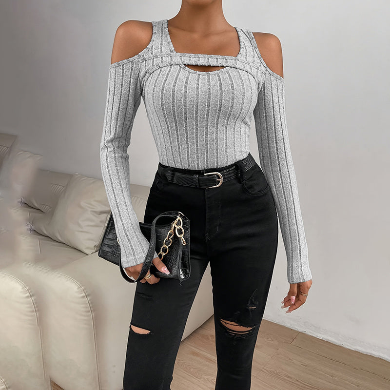 Cold Shoulder Ribbed Top - Cutout Long Sleeve Top