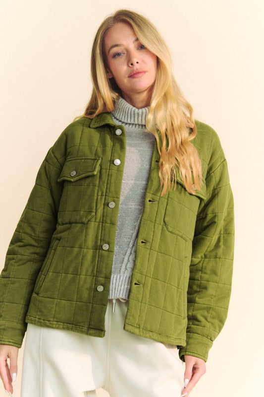 Yellow-Green Quilted Button Down Shacket with Chest Pockets