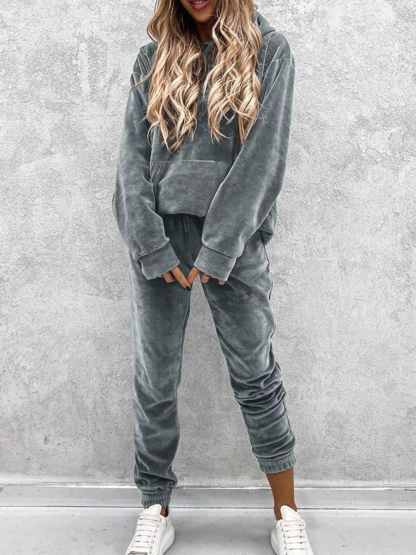 Hoodie and Pants Set - Kangaroo Pocket Lounge - Fashions Envy