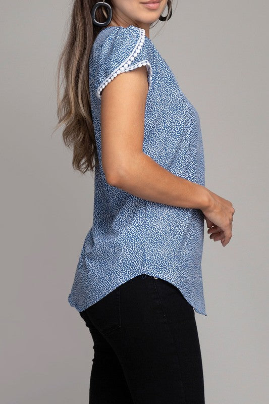 Petal Sleeve Satin Top with Lace Trim