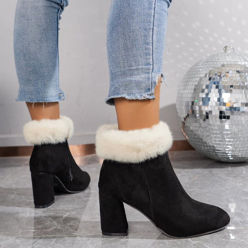 Plaid Ankle Boots - Furry Lined Square Heel Winter Boots