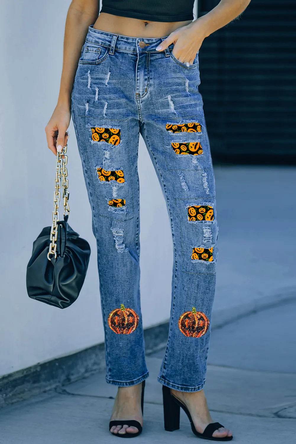 Pumpkin Distressed Straight Jeans - Fashions Envy