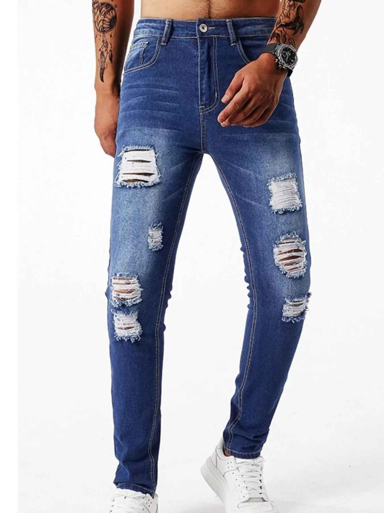 Men's Ripped Slim Fit Jeans - Distressed Stretch Denim - Fashions Envy