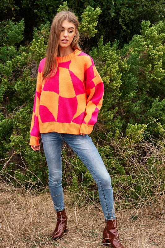 Oversized Multi Geo Checker Pullover Knit Sweater