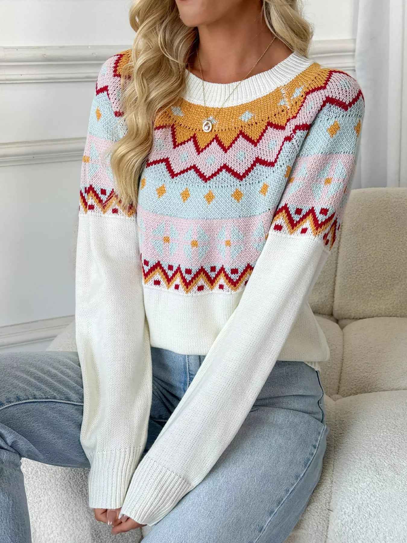White Fair Isle Sweater - Colorful Pattern Design - Fashions Envy