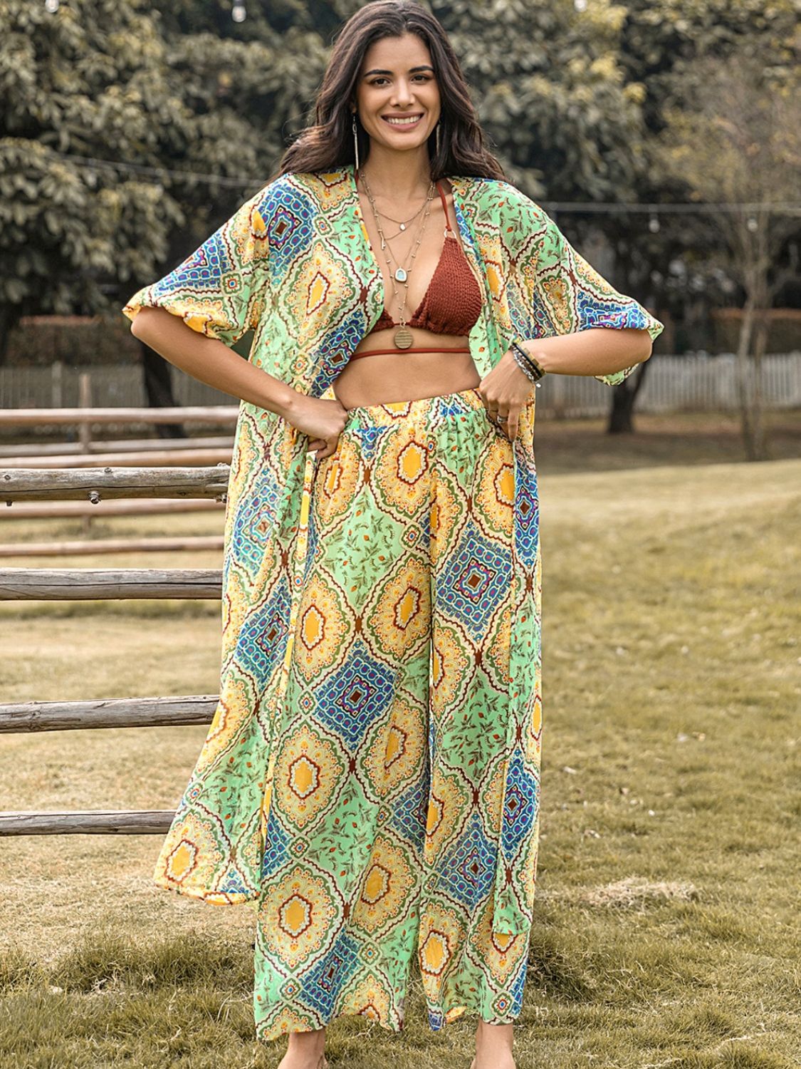 Printed Half Sleeve Top and Wide Leg Pants Set in Gum Leaf