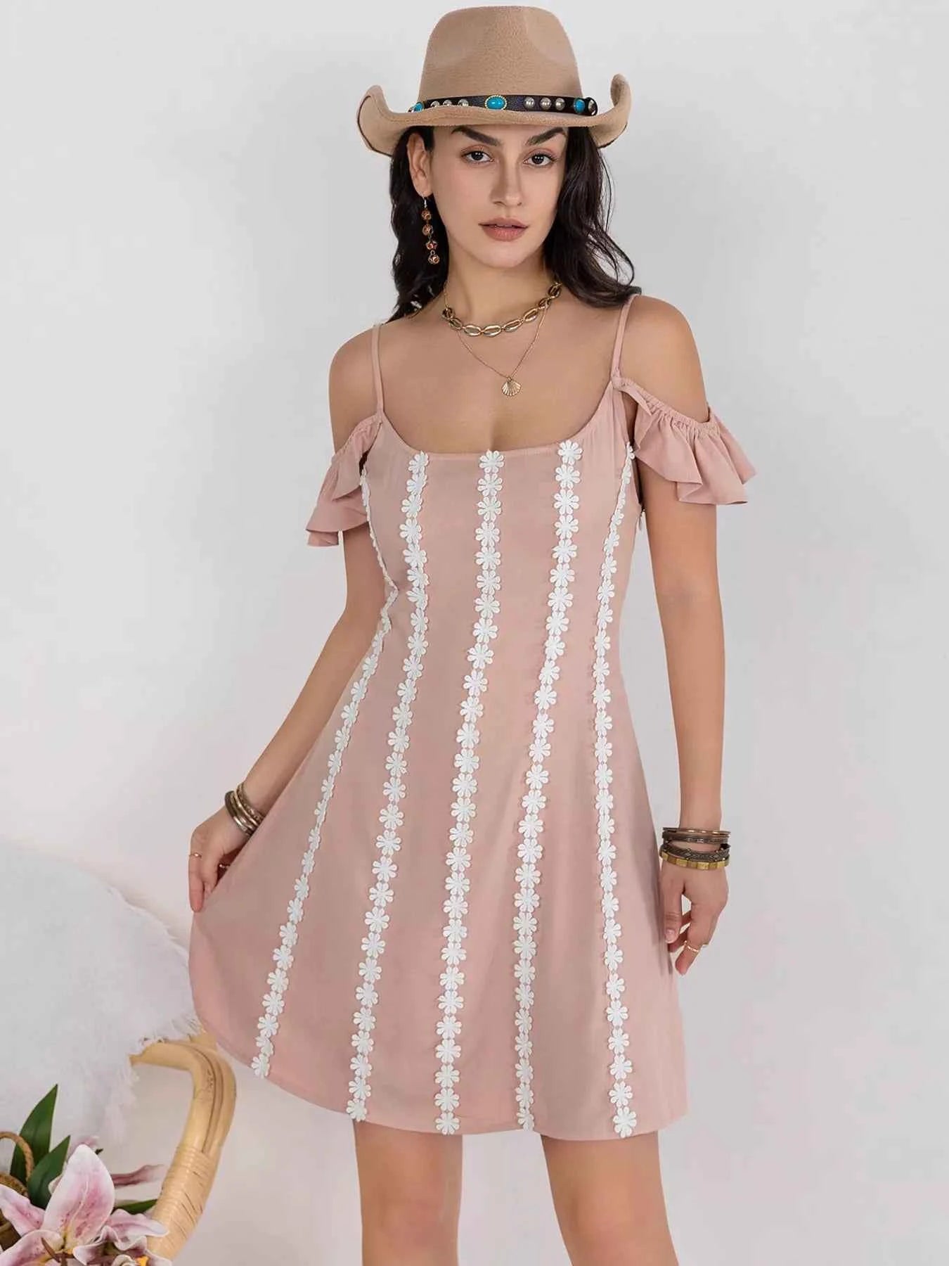 Floral Lace Trim Cold Shoulder A-Line Dress