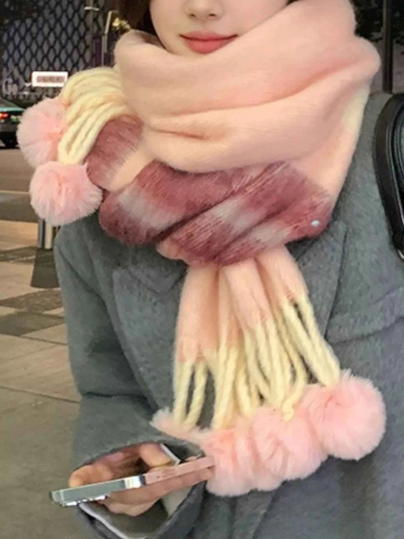 Striped Scarf with Pom-Poms