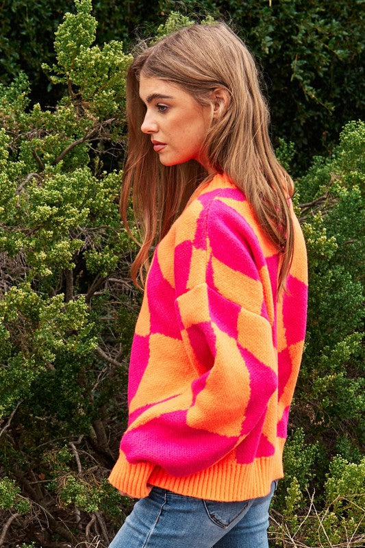 Oversized Multi Geo Checker Pullover Knit Sweater