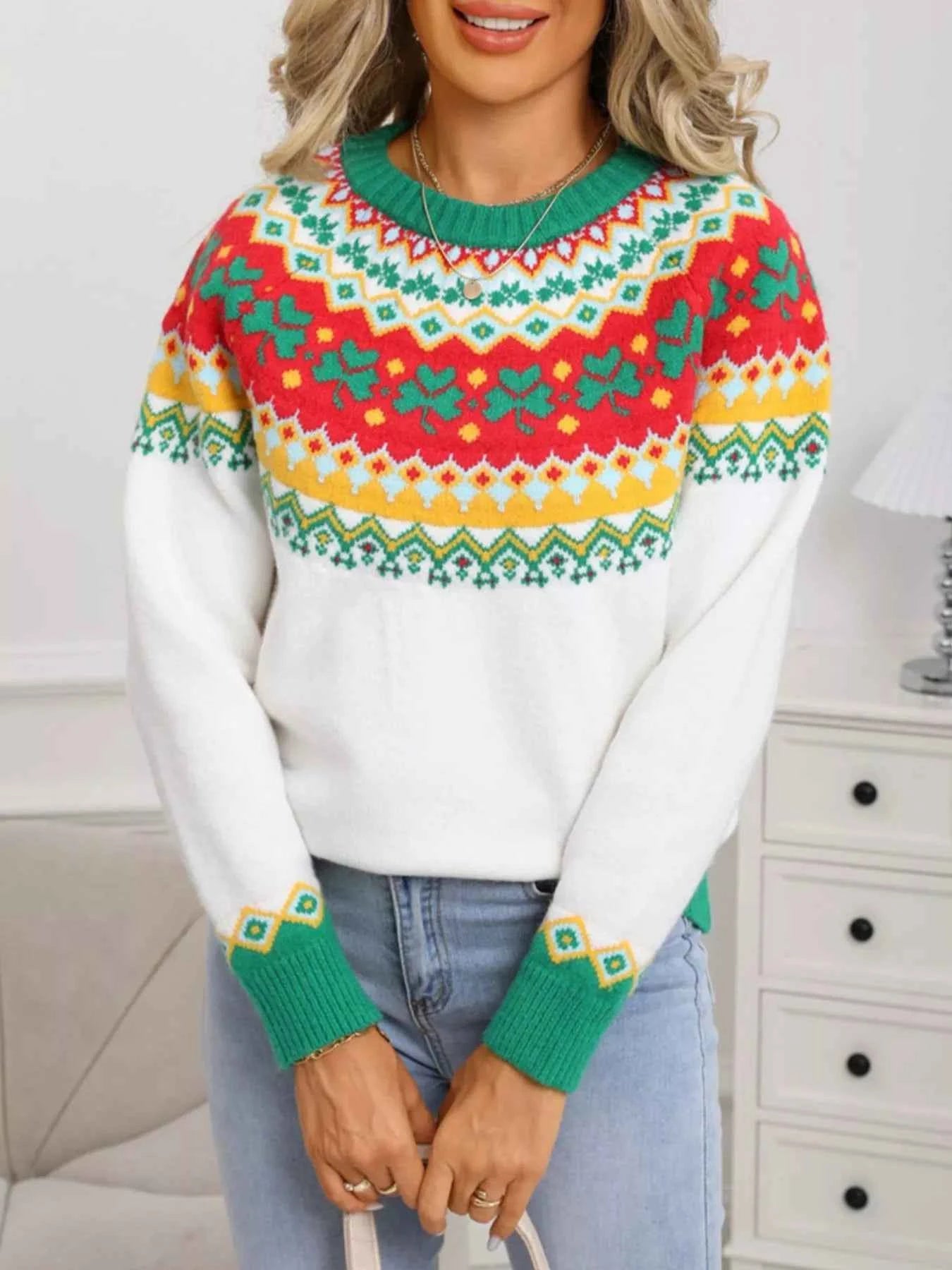 Clover Pattern Sweater - Long Sleeve Knitted Round Neck - Fashions Envy