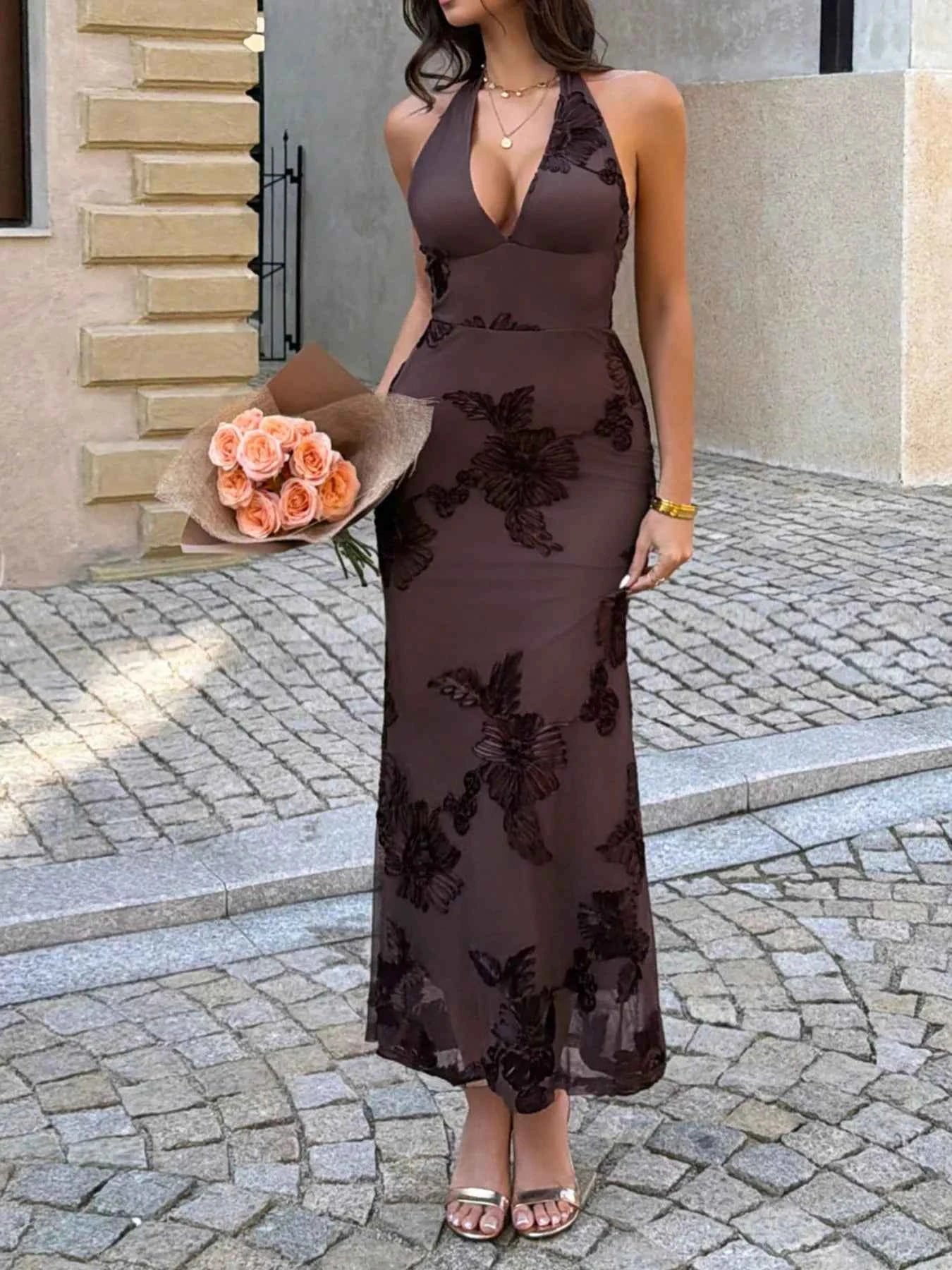 Lace Halter Neck Maxi Dress