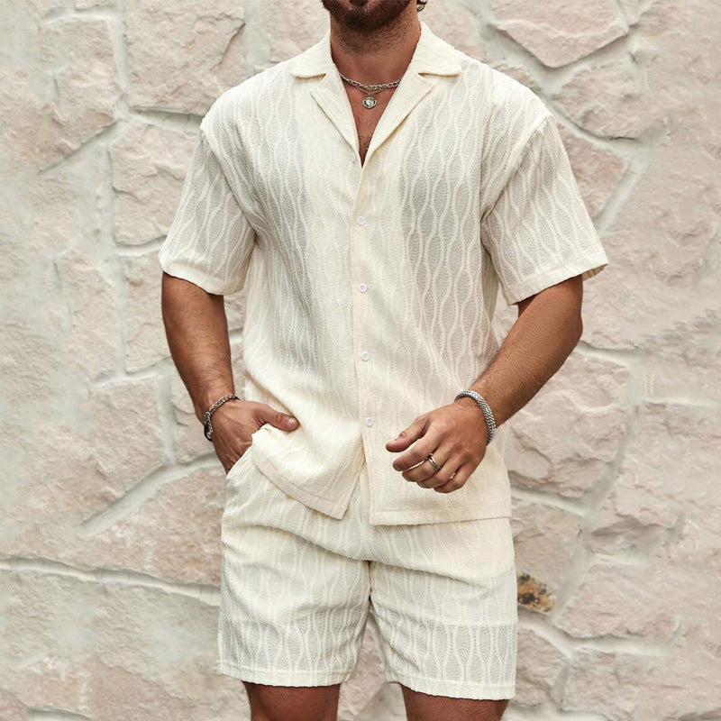 Men's Summer Fashion Solid Loose Casual Two Pieces Lapel Button Shirt Shorts Set