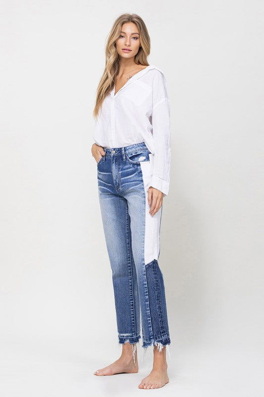 Super HIgh RIse Straight W/Side Blocking Panel Jeans