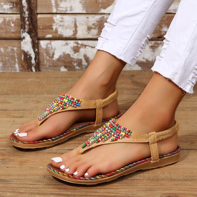 PU Leather Beaded Flat Sandals - Fashions Envy
