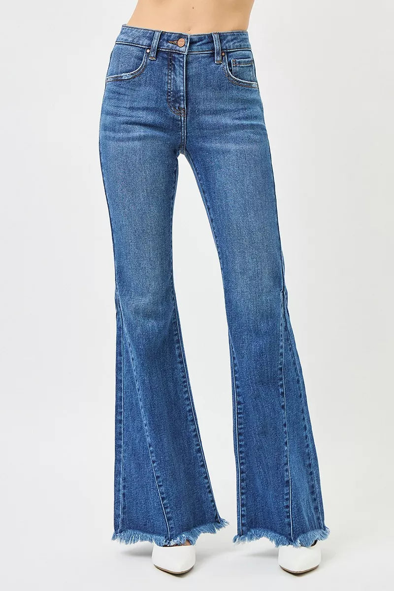 RISEN Flare Jeans - Women's Mid Rise Side Seam Detail - Fashions Envy
