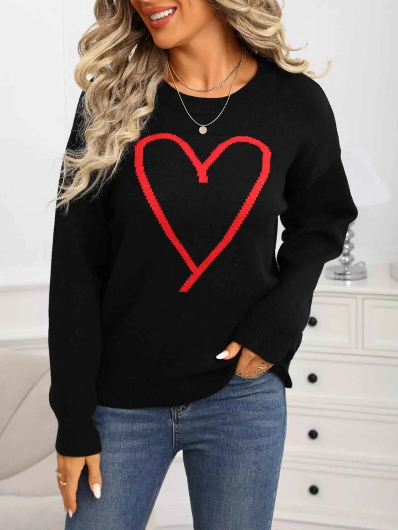 Valentine's Day Heart Graphic Dropped Shoulder Sweater - Fashions Envy
