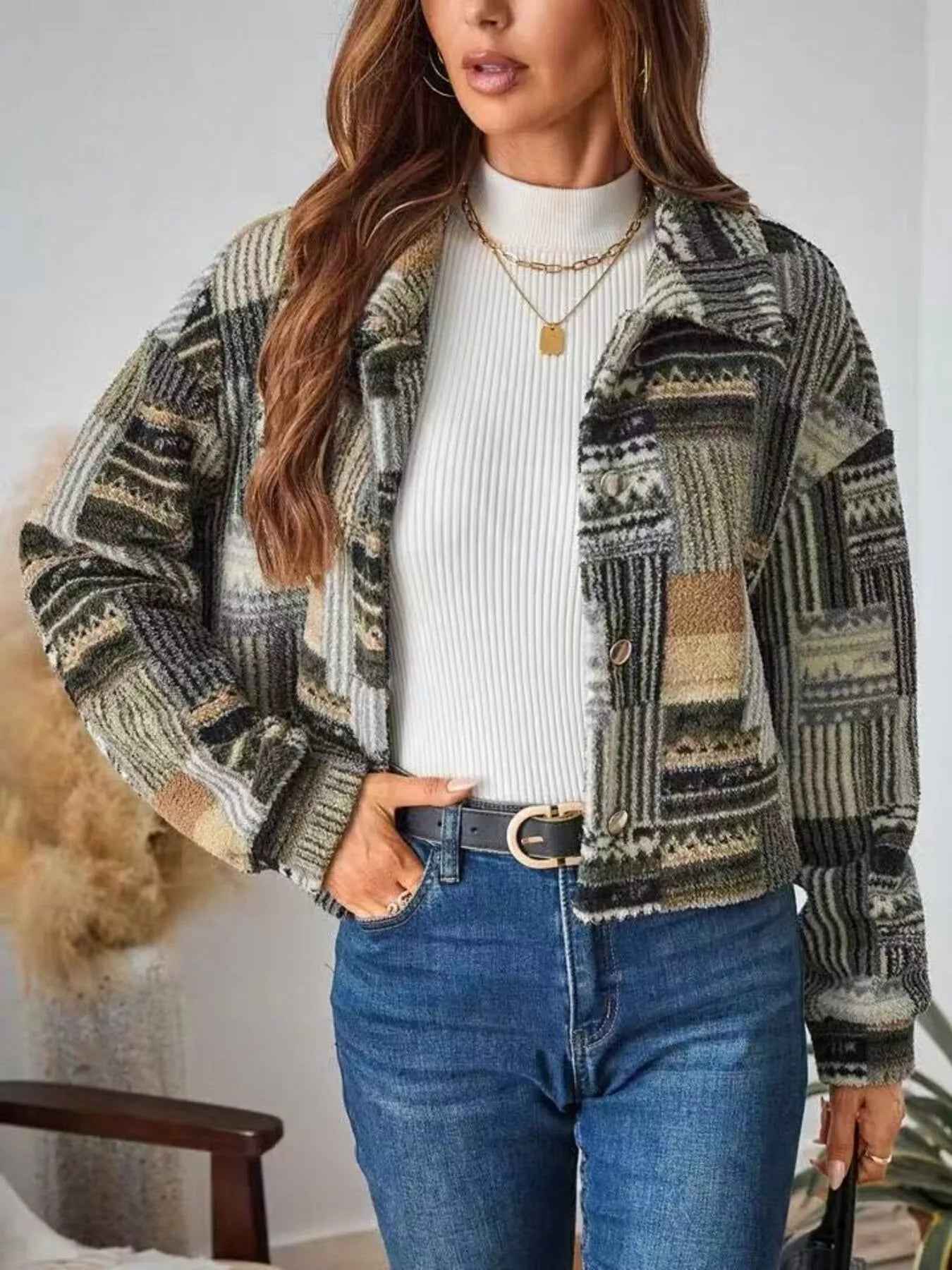 Patchwork Knit Cardigan - Cropped Button-Up Jacket - Fashions Envy