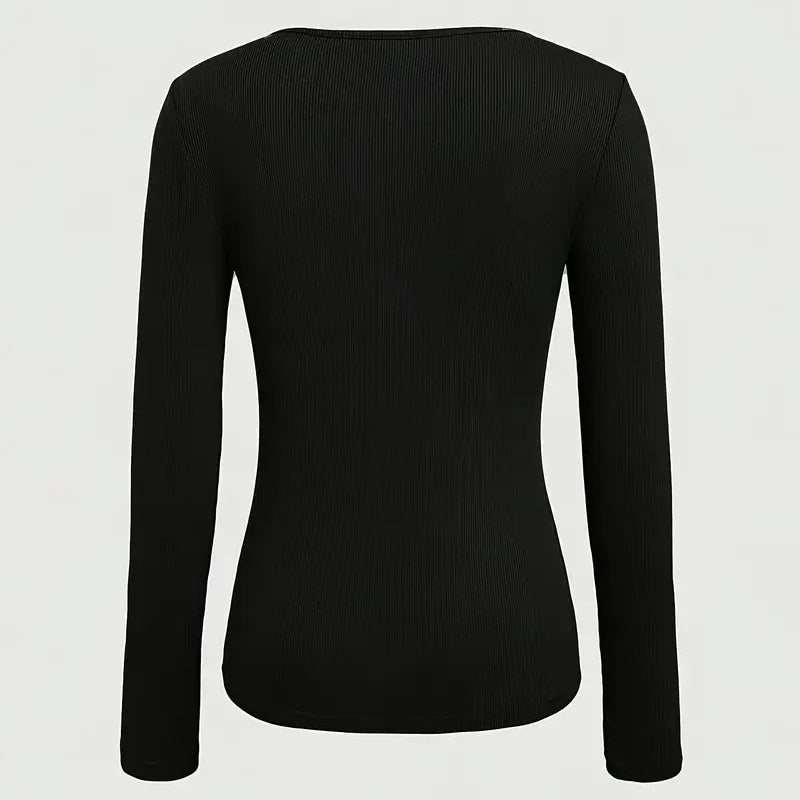 Long Sleeve Top - Ribbed Cut-Out Fitted Casual