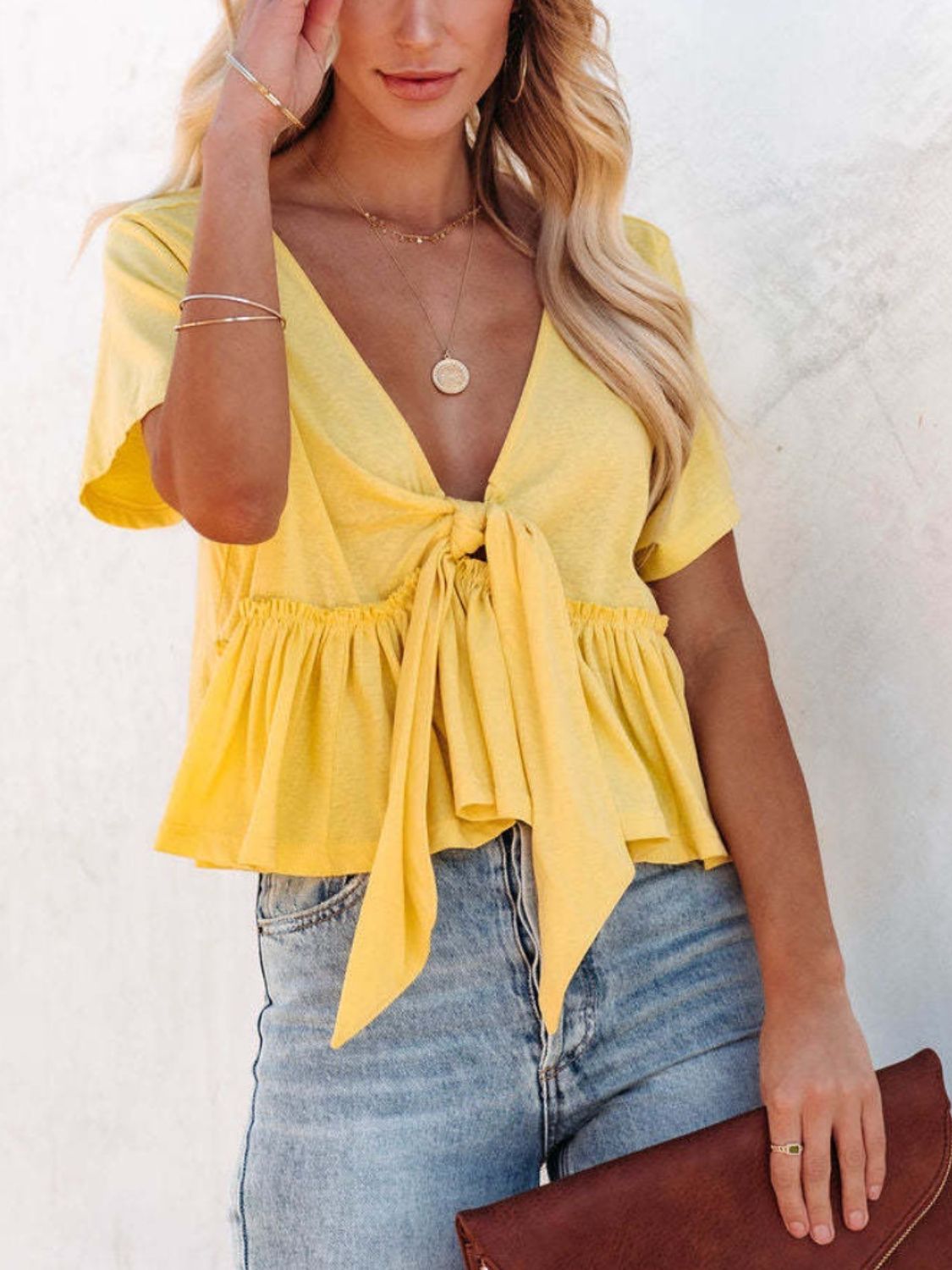 Tied Plunge V-neck Short Sleeve Blouse