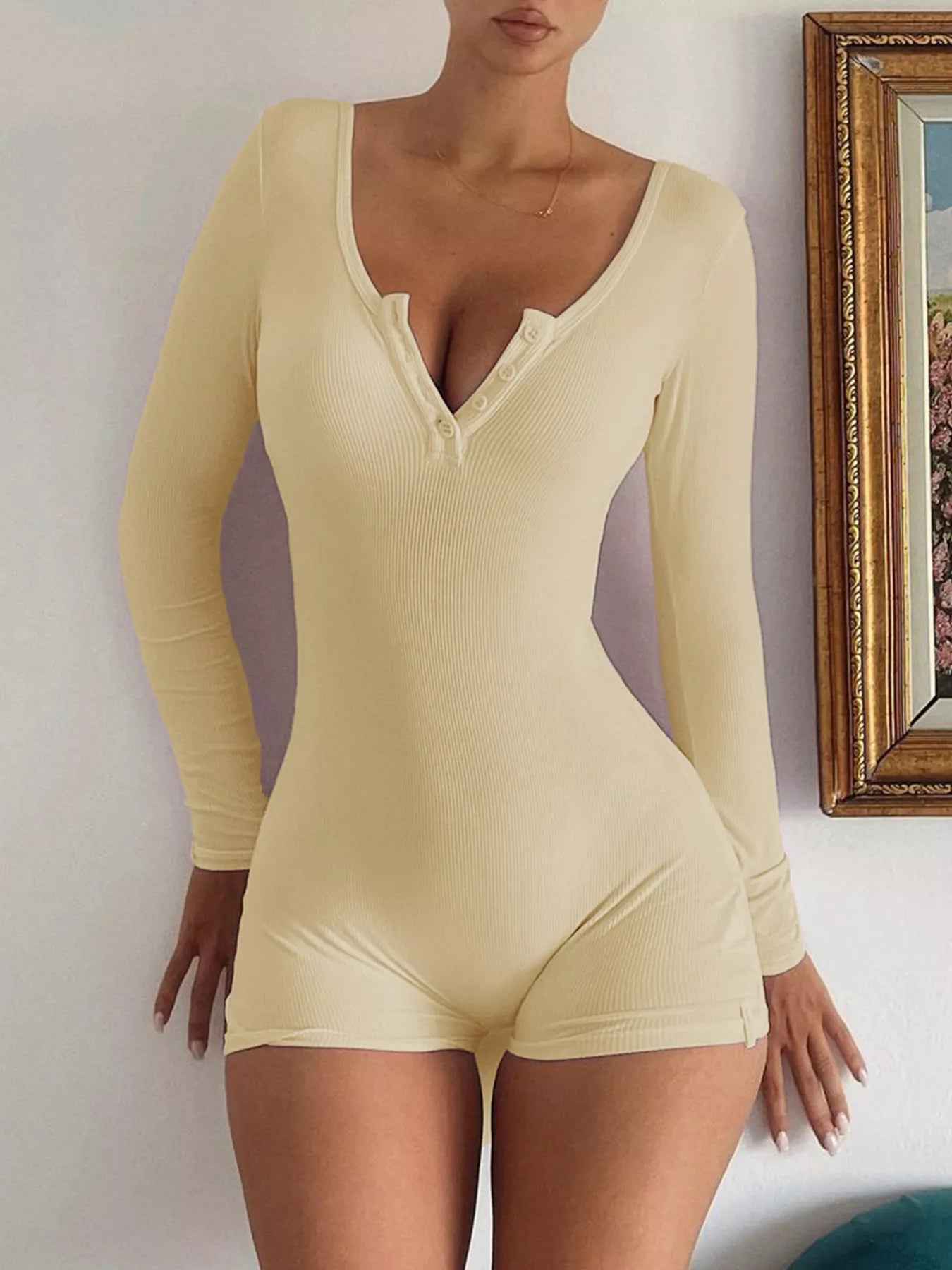 Ribbed Knit Romper - Long Sleeve Fitted One-Piece - Fashions Envy