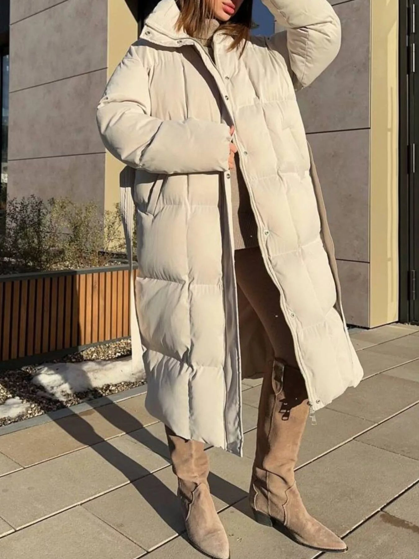 Longline Winter Coat - Padded with Belt - Fashions Envy