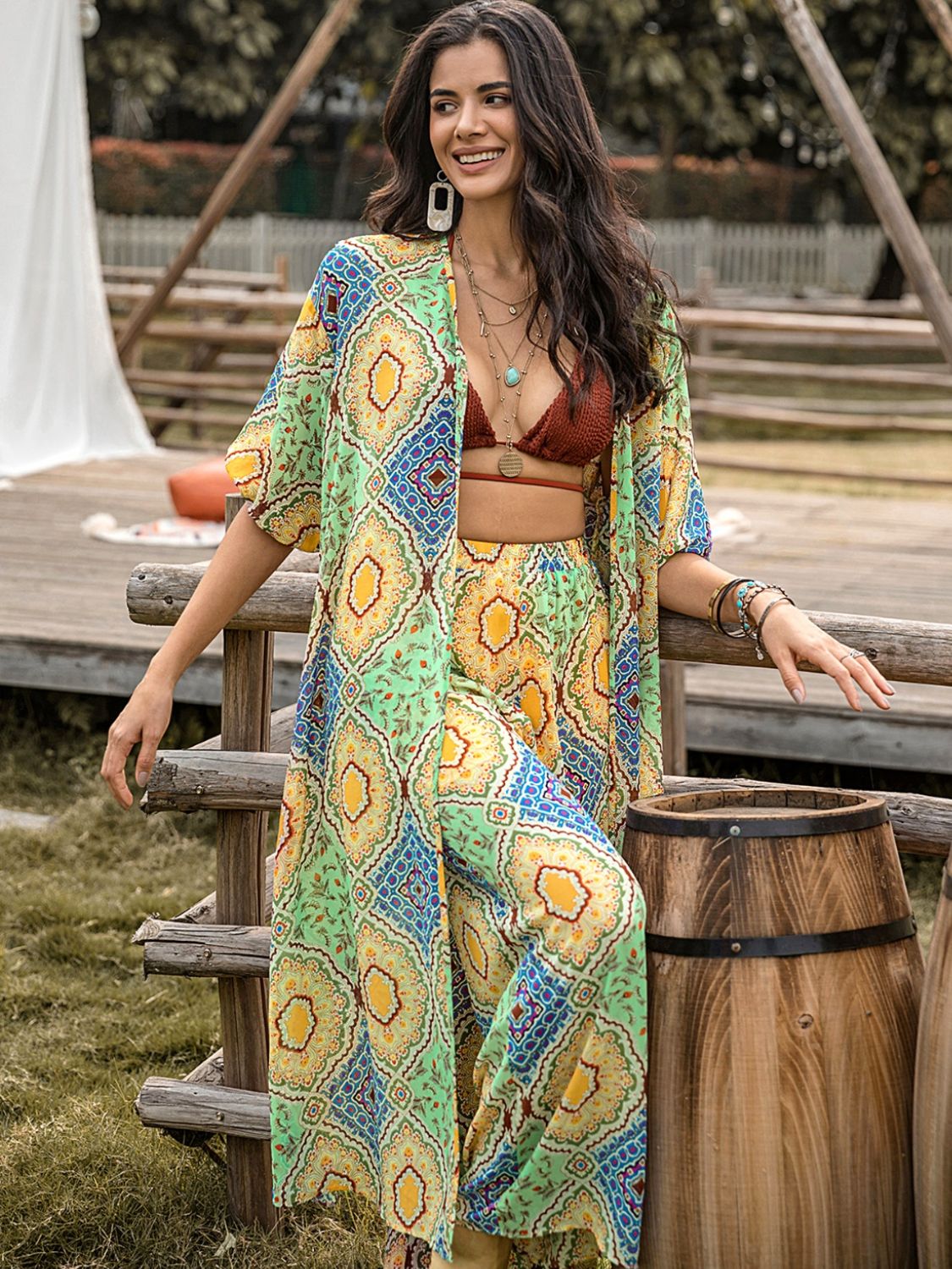 Printed Half Sleeve Top and Wide Leg Pants Set in Gum Leaf