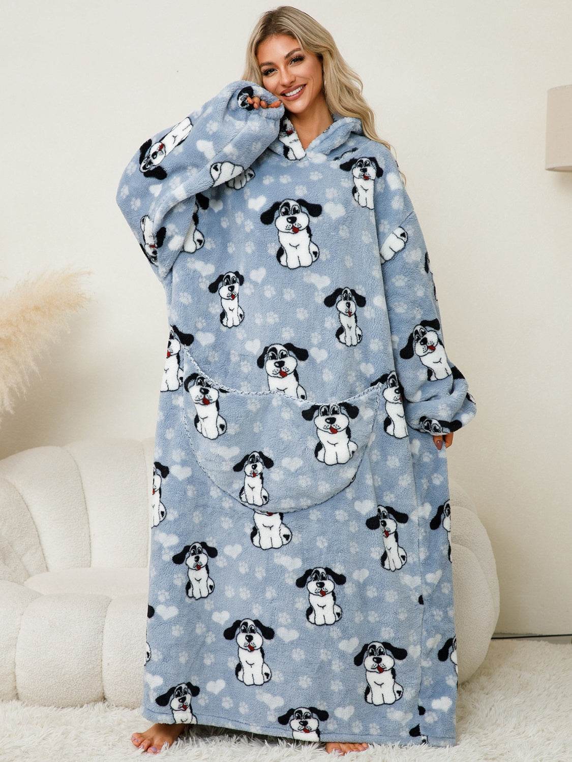 Fuzzy Pocketed Long Sleeve Hooded Lounge Dress - Fashions Envy