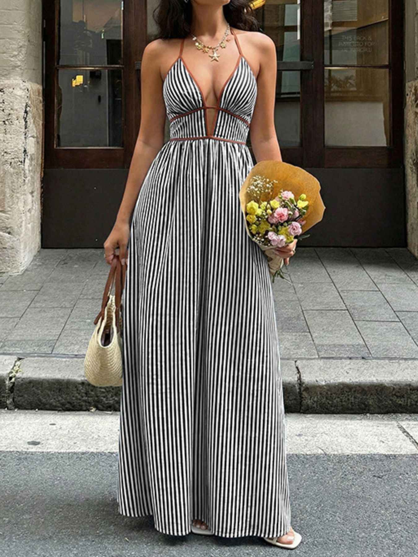 Striped Halter Maxi Dress - Smocked Bodice Tie Back