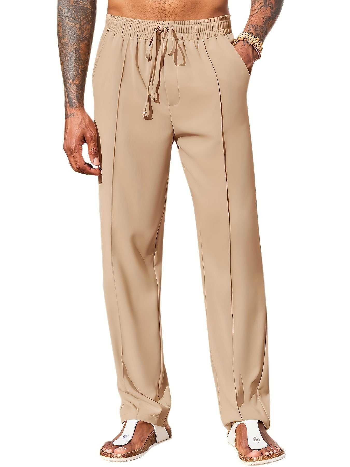 Mens Casual Loose Fit Drawstring Elastic Cotton Linen Pants