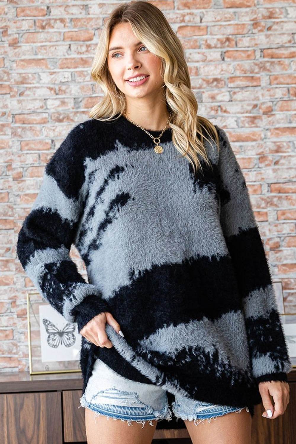First Love Full Size Abstract Pattern Contrast Feather Yarn Sweater - Fashions Envy