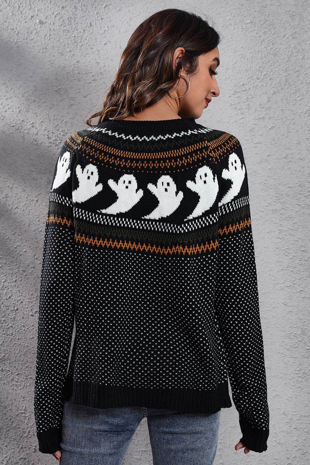 Ghost Pattern Round Neck Long Sleeve Sweater - Fashions Envy