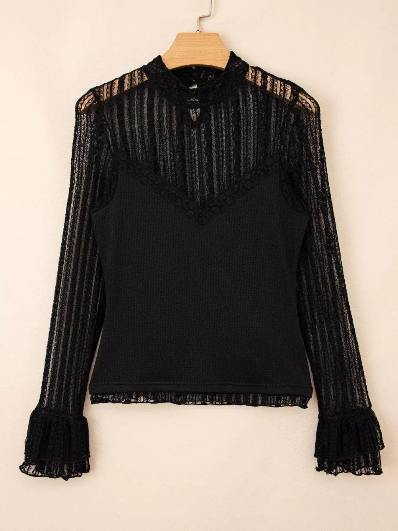 Lace Patchwork Flounce Sleeve Slim Fit Top - Romantic Ruffled Blouse - Fashions Envy