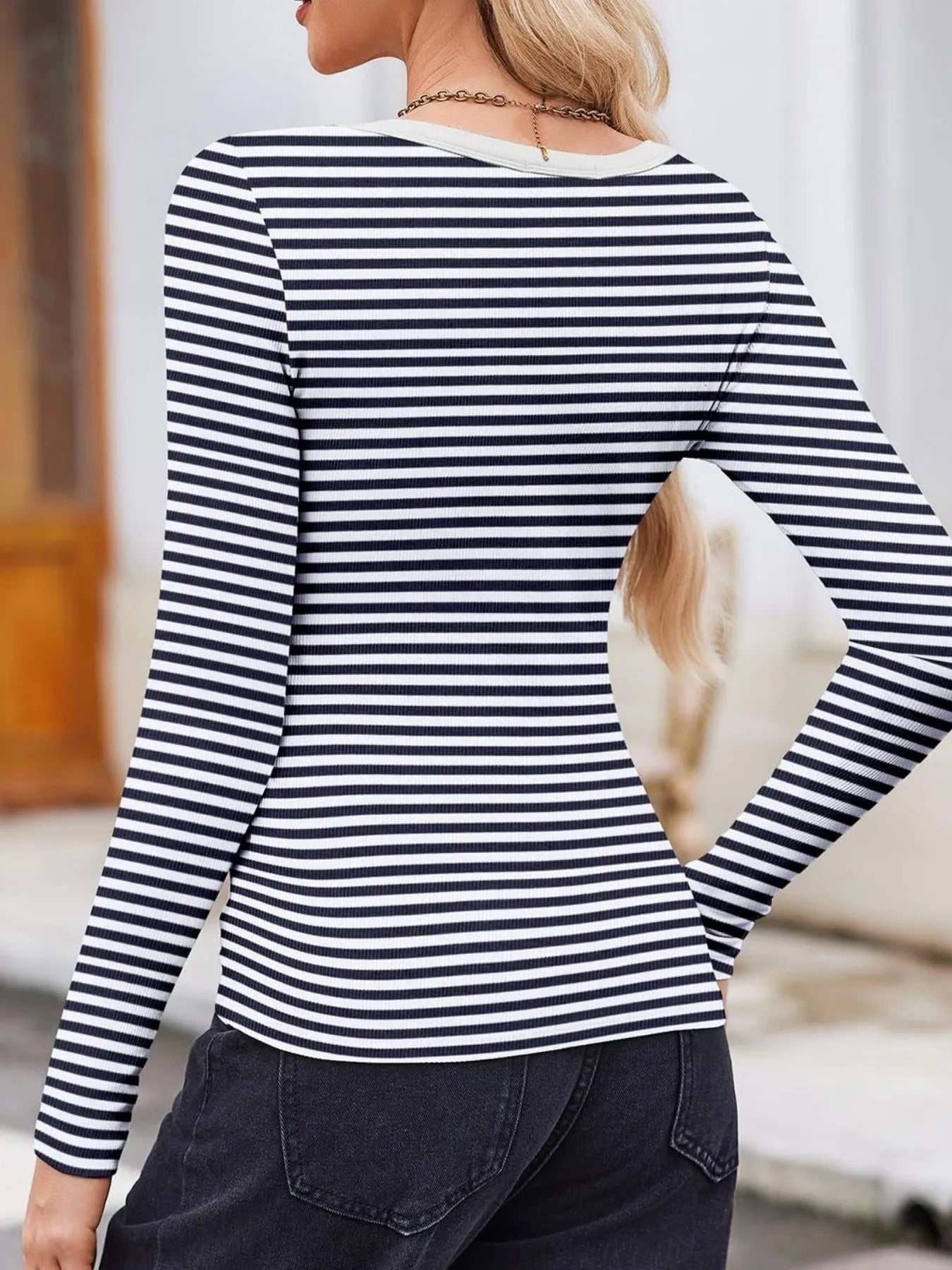 Trendsi Scoop Neck T-Shirt long sleeve black and white striped casual top on model back view