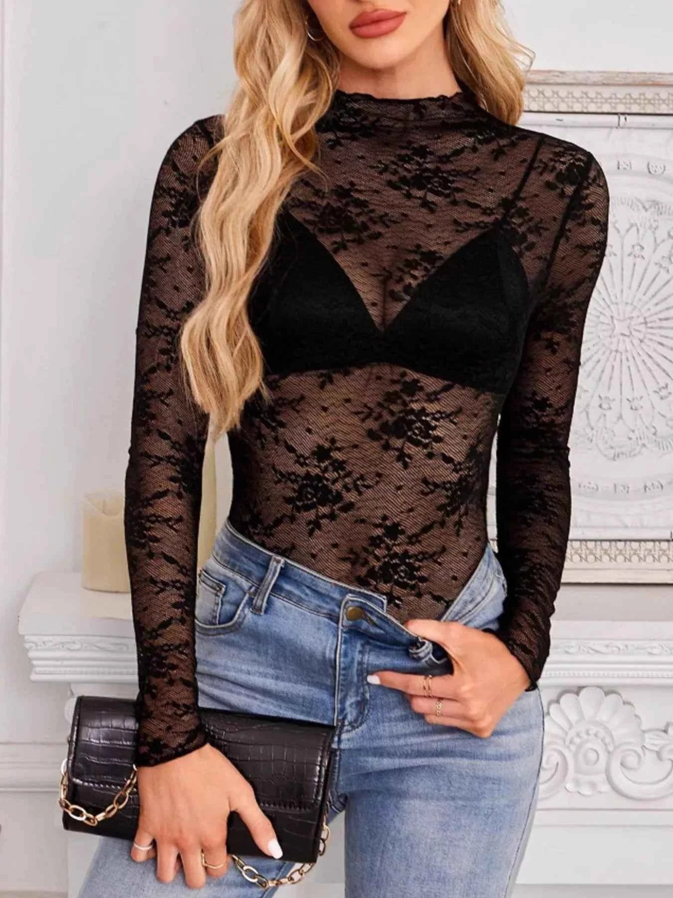 Sheer Lace Blouse - Long Sleeve Mock Neck Top - Fashions Envy