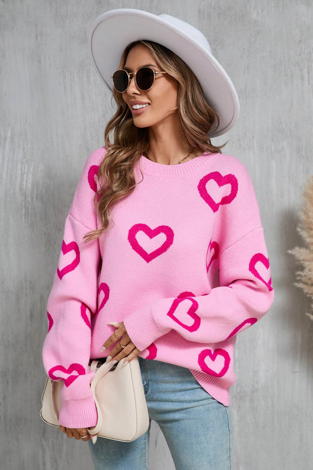 Angel Wings Heart Round Neck Dropped Shoulder Long Sleeve Sweater - Fashions Envy