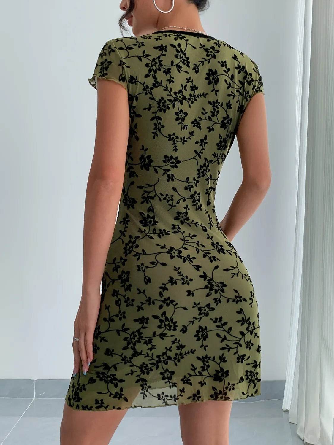 Printed V-Neck Short Sleeve Mini Dress - Cute Bow Detail Summer Dress - Fashions Envy