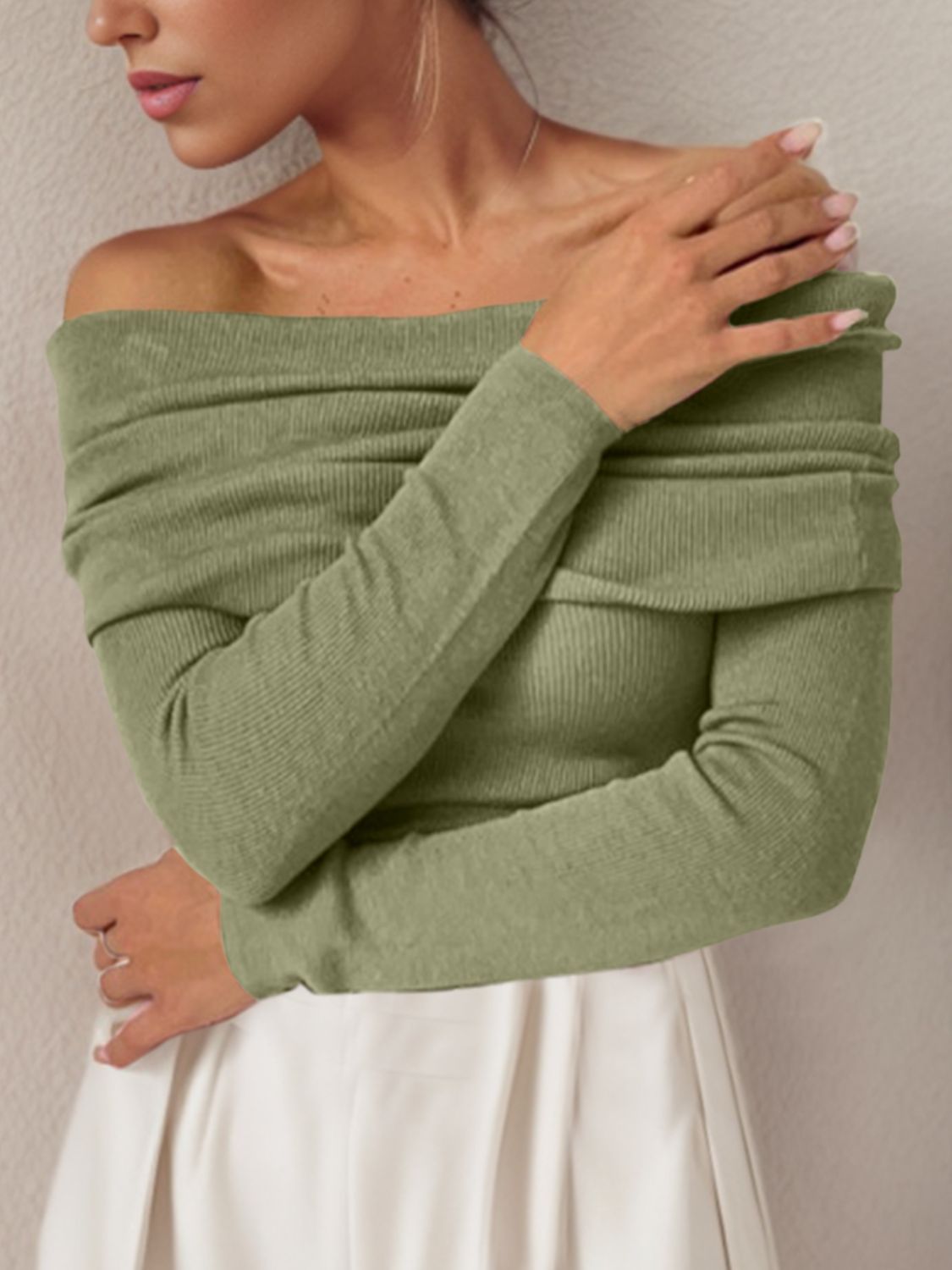 Off-Shoulder Sweater - Long Sleeve Knit Pullover