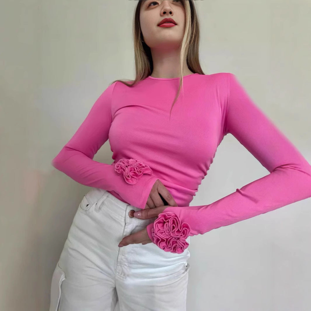 Ruffle Cuff Top - 3D Floral Sleeve Detail Fitted Top