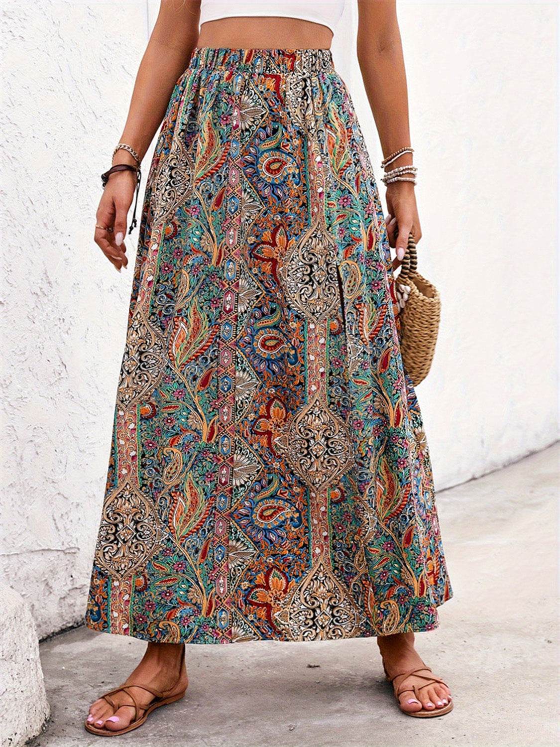 Slit Printed Elastic Waist Skirt - Fashions Envy