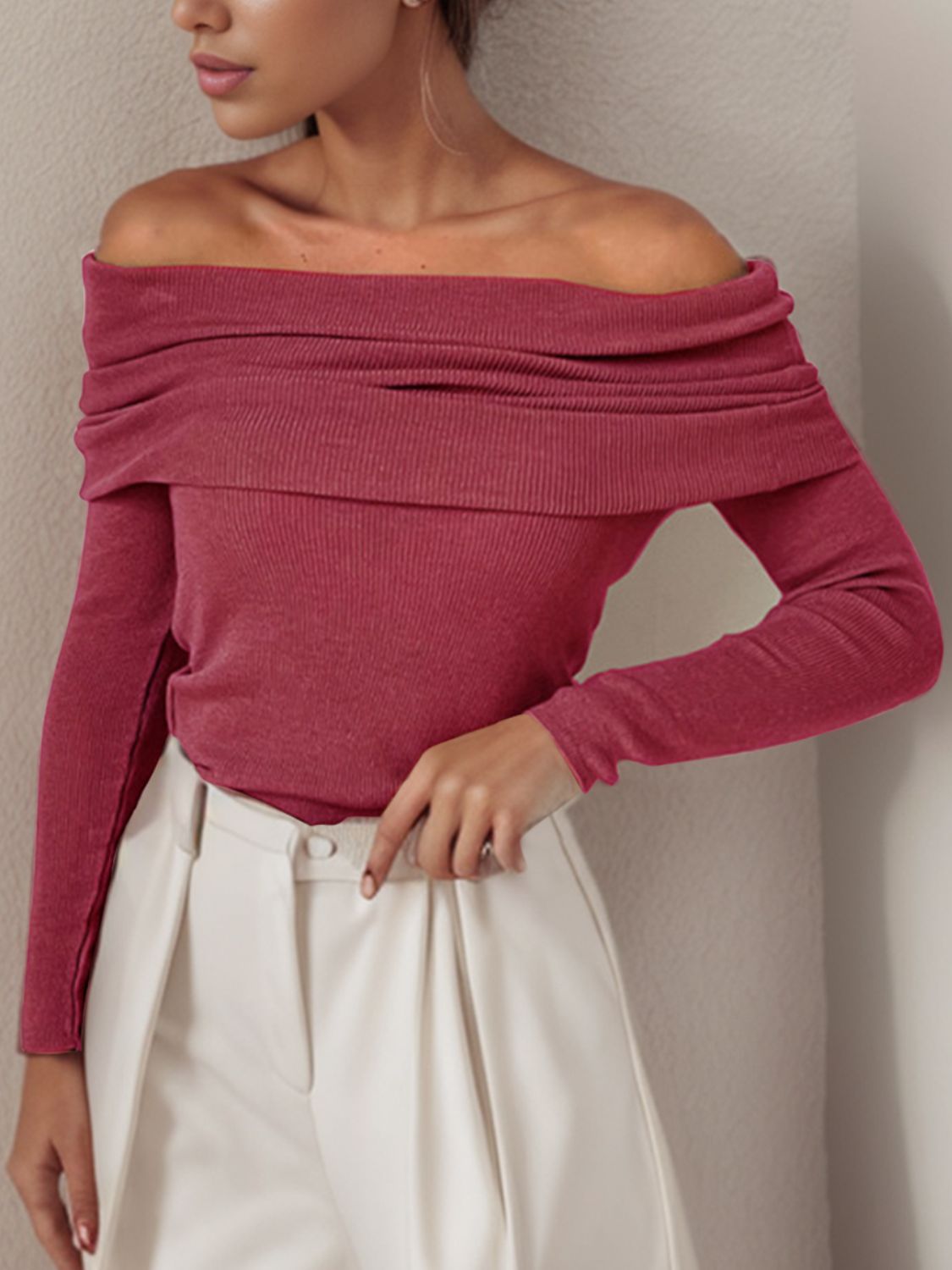 Off-Shoulder Sweater - Long Sleeve Knit Pullover
